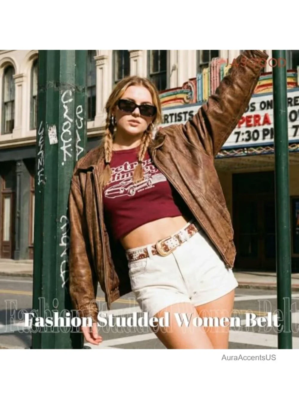 Women PU Leather Studded Western Belt Gold Buckle Punk Waist Belt for Jeans